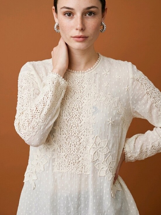 Zara Tops - Zara Cream Ivory Swiss Dot Sheer Lace Blouse Tunic Sz M